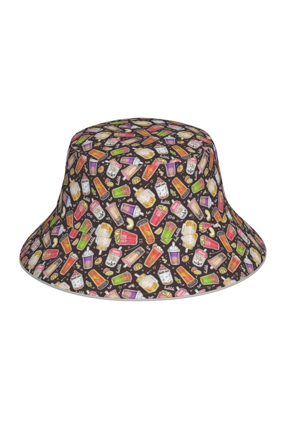 Milk Tea Print Bucket Hat for Men&Women Bucket Hat Reversible Summer Double-Side-Wear Travel Gardening, Beach, Camping, Hiking, Fishing Cap
