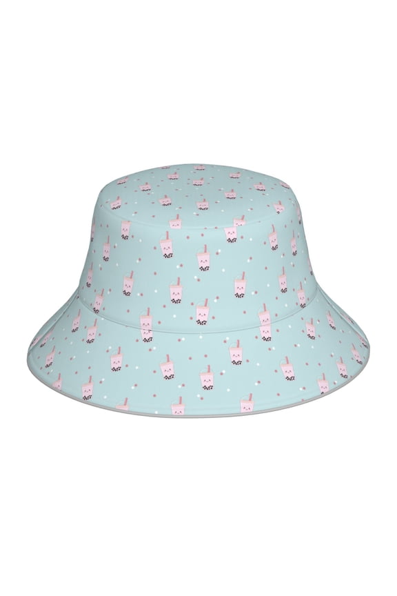Milk Tea Print Bucket Hat for Men&Women Bucket Hat Reversible Summer Double-Side-Wear Travel Gardening, Beach, Camping, Hiking, Fishing Cap