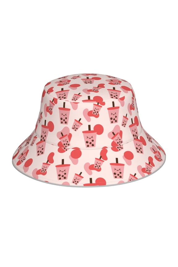Milk Tea Print Bucket Hat for Men&Women Bucket Hat Reversible Summer Double-Side-Wear Travel Gardening, Beach, Camping, Hiking, Fishing Cap