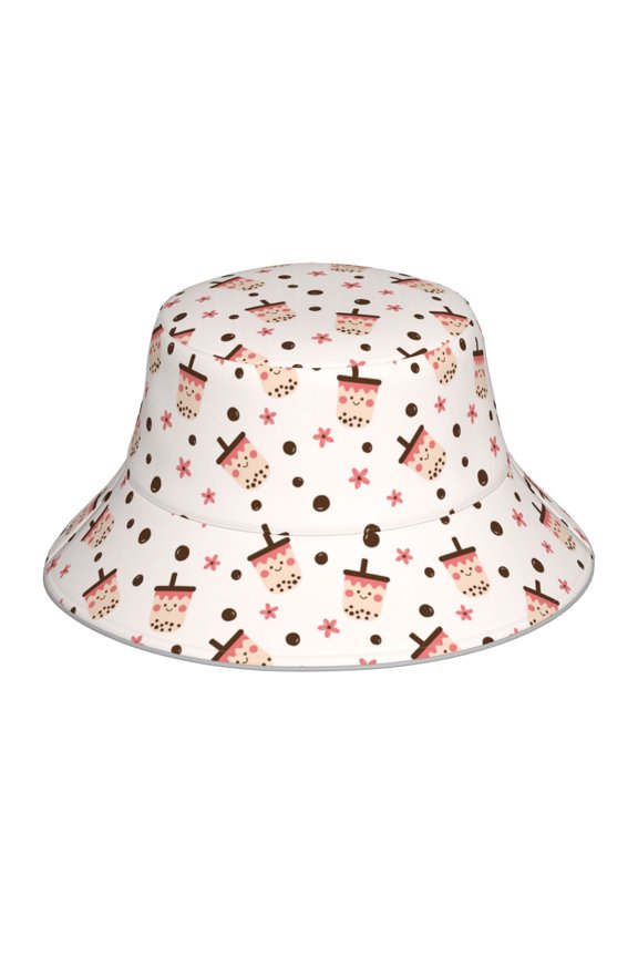 Milk Tea Print Bucket Hat for Men&Women Bucket Hat Reversible Summer Double-Side-Wear Travel Gardening, Beach, Camping, Hiking, Fishing Cap