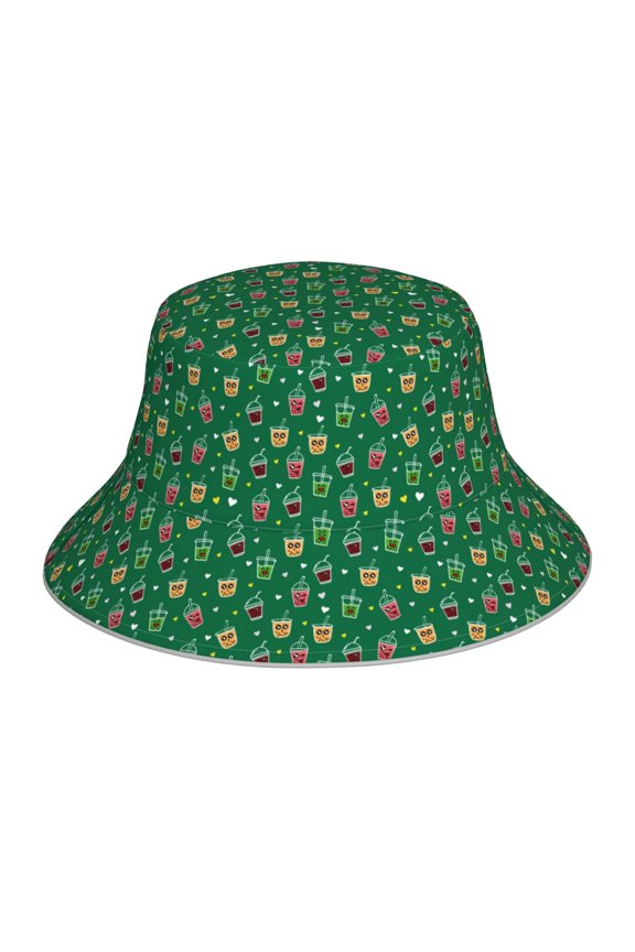 Milk Tea Print Bucket Hat for Men&Women Bucket Hat Reversible Summer Double-Side-Wear Travel Gardening, Beach, Camping, Hiking, Fishing Cap