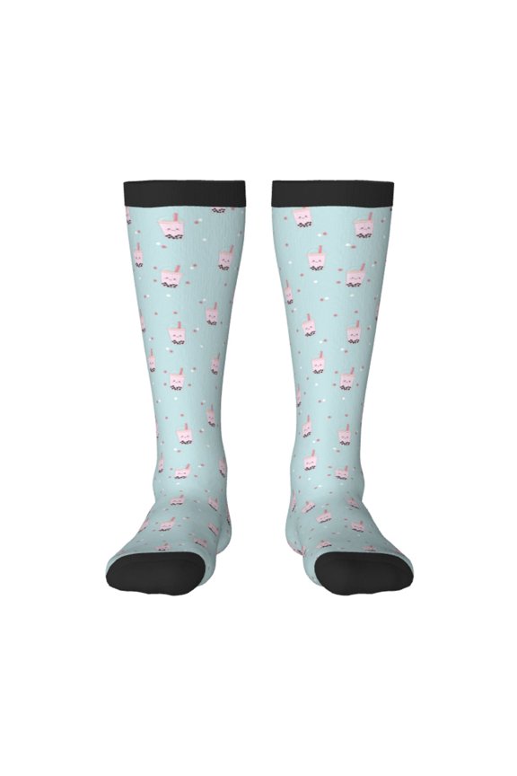 Milk Tea Print Thigh High Socks Extra Long Stretchy Sock Women Over Knee High Opaque Stocking Daily Wear