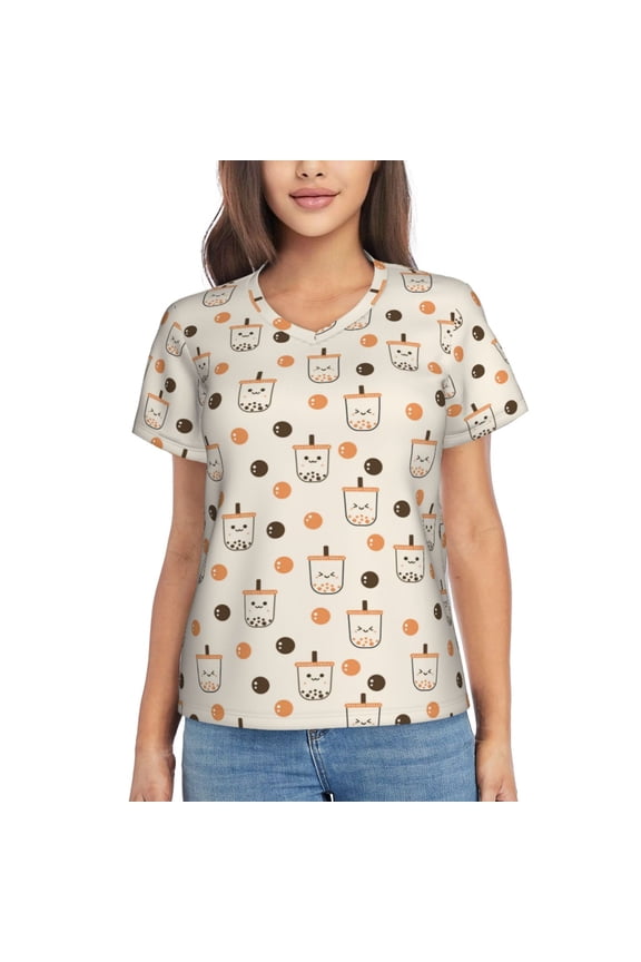 Milk Tea Women Shirts V Neck Short Sleeve Tops T-Shirt Basic Tees, S to 3XLLarge
