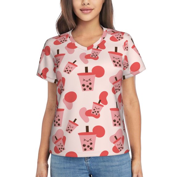 Vsdgher Milk Tea Women Shirts V Neck Short Sleeve Tops T-Shirt Basic Tees, S to 3XLSmall