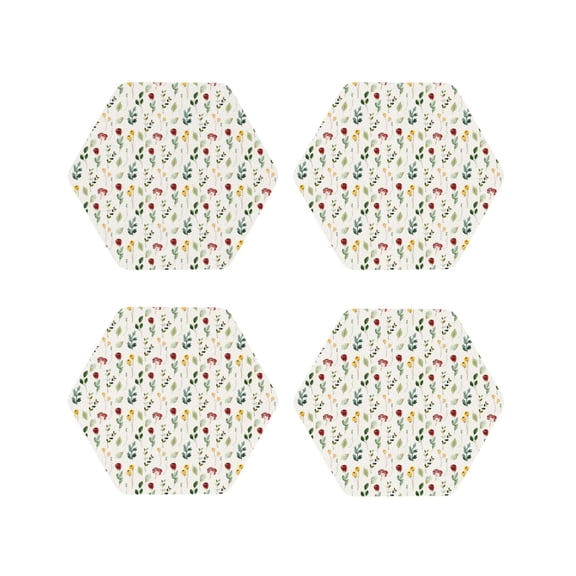 Vsdgher Mini Wildflower Watercolor Leather Coasters for Drinks, Durable Drink Coasters 4 Set for Tabletop Protection, Luxurious Home Décor and Housewarming Gift-Hexagon