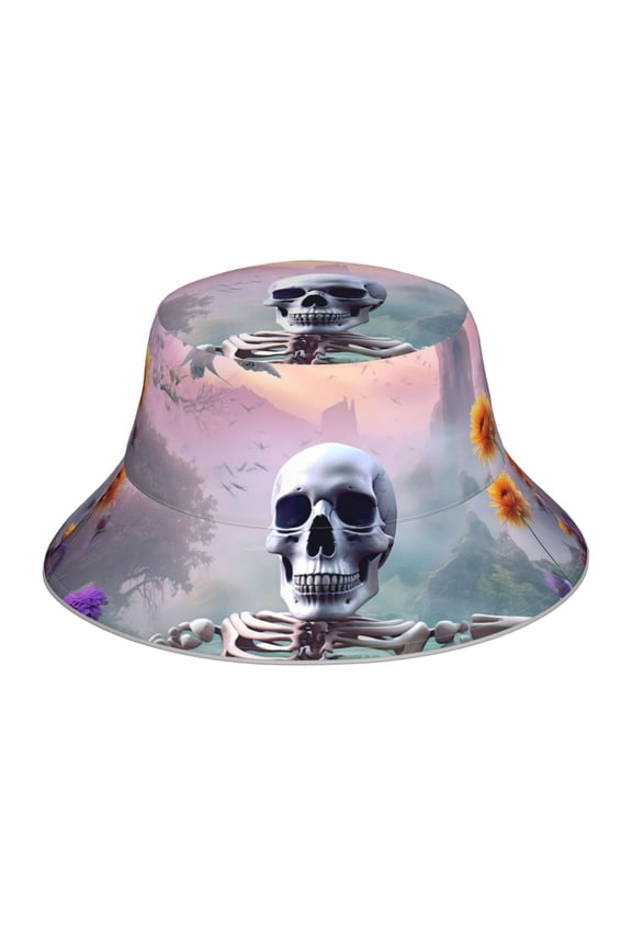 Mist Sunflower Skull Print Bucket Hat for Men&Women Bucket Hat Reversible Summer Double-Side-Wear Travel Gardening, Beach, Camping, Hiking, Fishing Cap