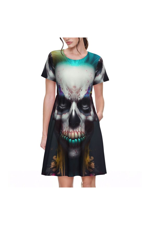 Modern Abstract Colorful Skull C for Womens Summer 2025 Casual Midi Maxi Dresses Lightweight Short Sleeve Round Neck Beach Dress -Large