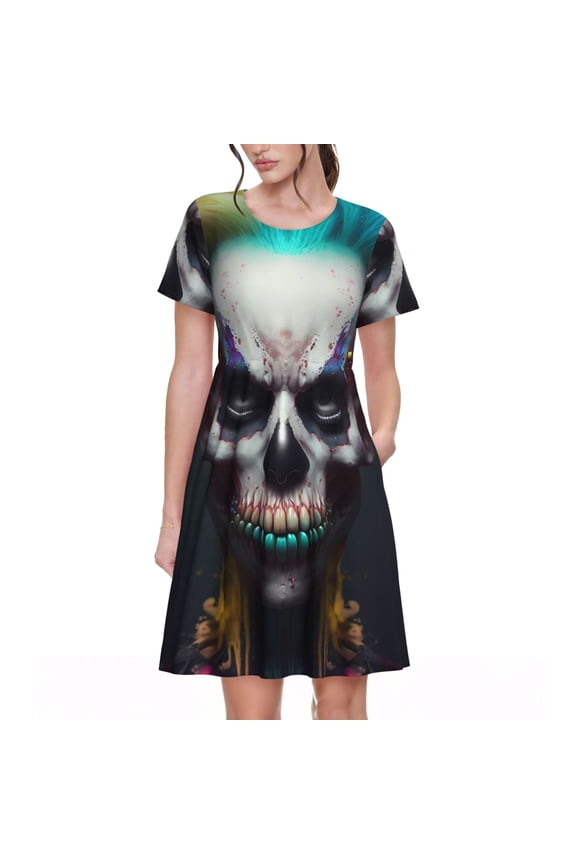 Modern Abstract Colorful Skull C for Womens Summer 2025 Casual Midi Maxi Dresses Lightweight Short Sleeve Round Neck Beach Dress -X-Large
