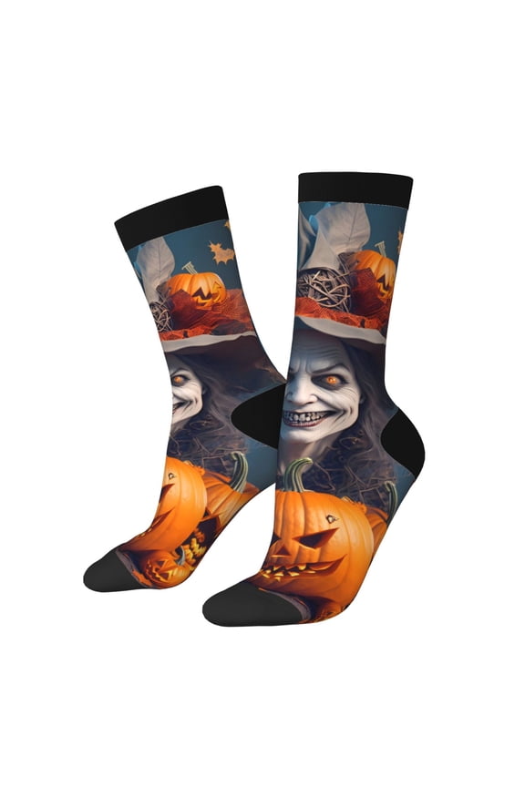 Modern Style Pumpkin Witch Crew Socks for Men & Women, Breathable Casual Athletic Ankle Socks