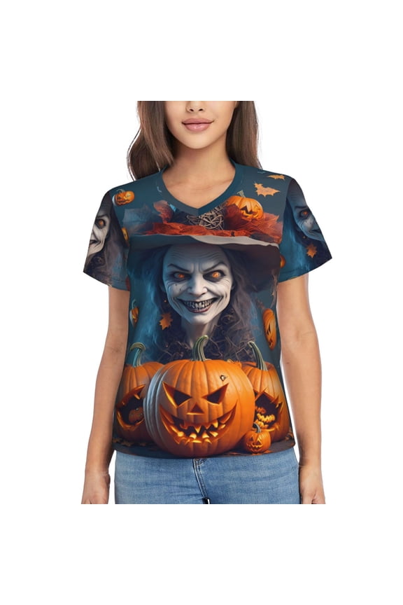 Modern Style Pumpkin Witch Women Shirts V Neck Short Sleeve Tops T-Shirt Basic Tees, S to 3XLLarge