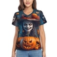thumbnail image 1 of Vsdgher Modern Style Pumpkin Witch Women Shirts V Neck Short Sleeve Tops T-Shirt Basic Tees, S to 3XLMedium, 1 of 5