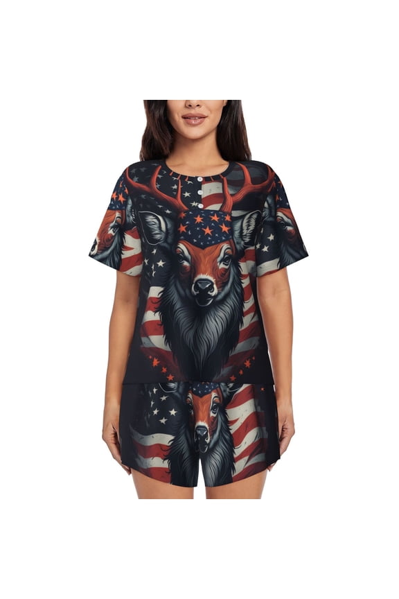 Modern USA Deer Head Pattern Womens Pajamas 2 Piece Short Sleeve Sleepwear Set,Summer Soft Pajamas Set Casual Lounge Sets, 2-Piece Pj -Medium
