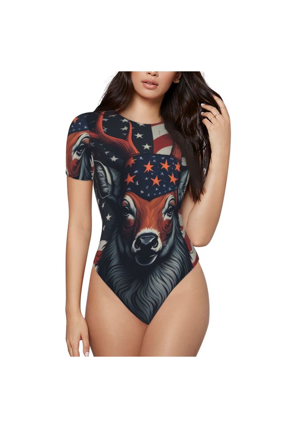 Modern USA Deer Head Prinr Short Sleeve Body suit for Womens, Sexy Onesie One Piece Round Neck Bodysuit Shapewear Tummy Control-X-Large