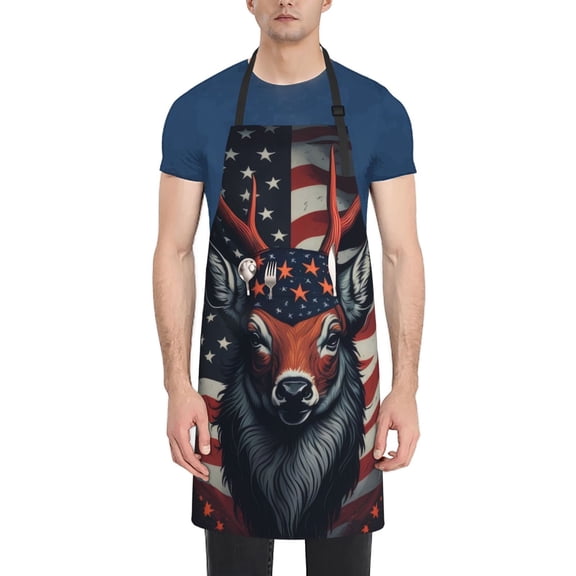 Vsdgher Modern USA Deer Head Waterproof Apron with 2 Pockets Kitchen Chef Aprons Bibs for Grooming Cooking Baking Painting Gardening