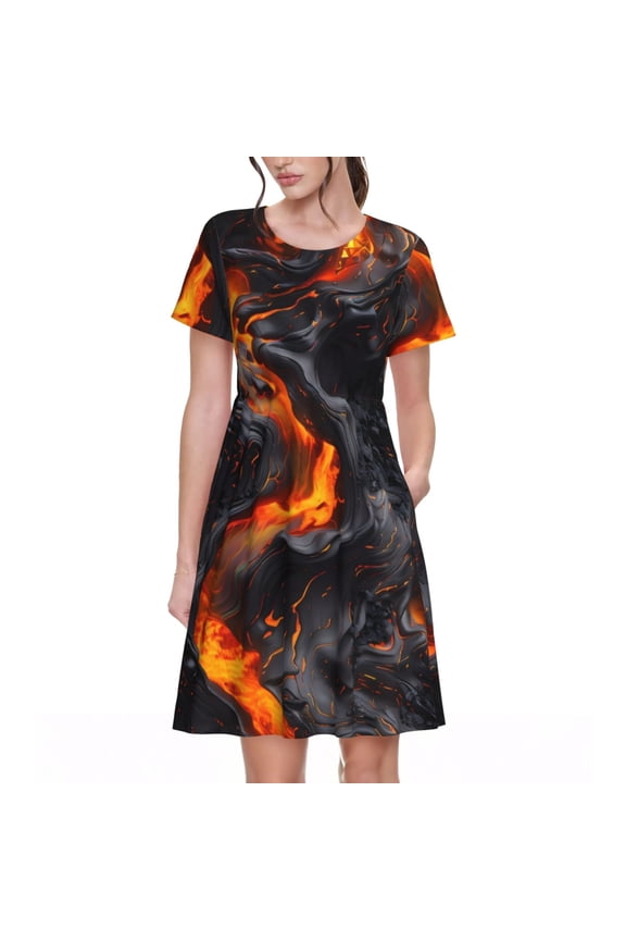 Molten Lava Abstract Flow for Womens Summer 2025 Casual Midi Maxi Dresses Lightweight Short Sleeve Round Neck Beach Dress -Small