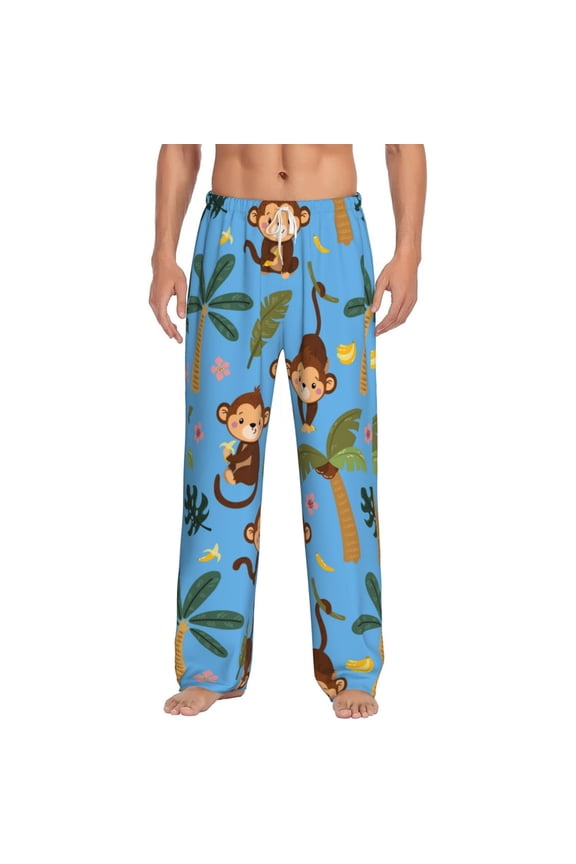 Monkeys Swinging from Palms Print Mens Pajama Pants Sleep & Lounge Pants, PJ Bottoms With elastic waistb and Pockets