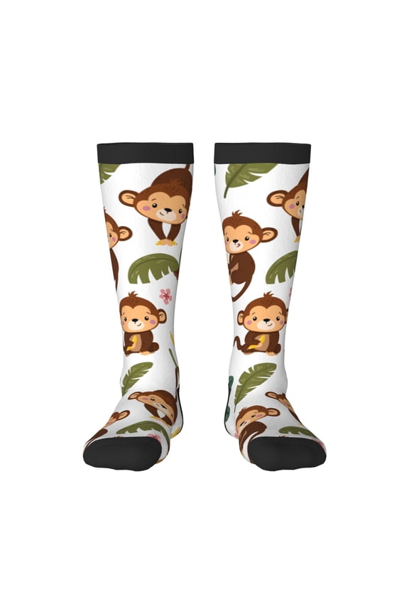 Monkeys Swinging from Palms Print Thigh High Socks Extra Long Stretchy Sock Women Over Knee High Opaque Stocking Daily Wear
