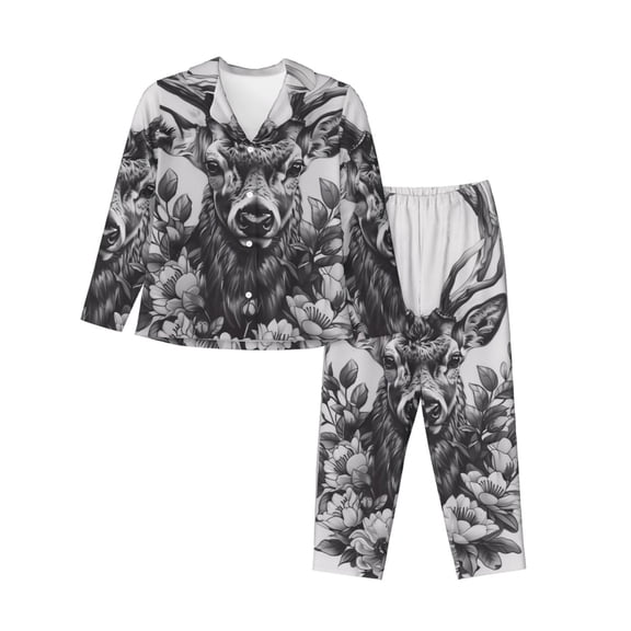 Vsdgher Monochrome Deer Floral Pajamas Set Long Sleeve Sleepwear Womens Button Down Nightwear Pj Sets-Small