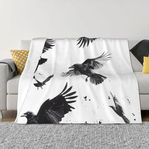 Vsdgher Monochrome Flying Ravens Pattern Fleece Throw Blanket, Horizontal Fleece Bedding Home Decor for Couch & Bed All Season Use -50"x40"