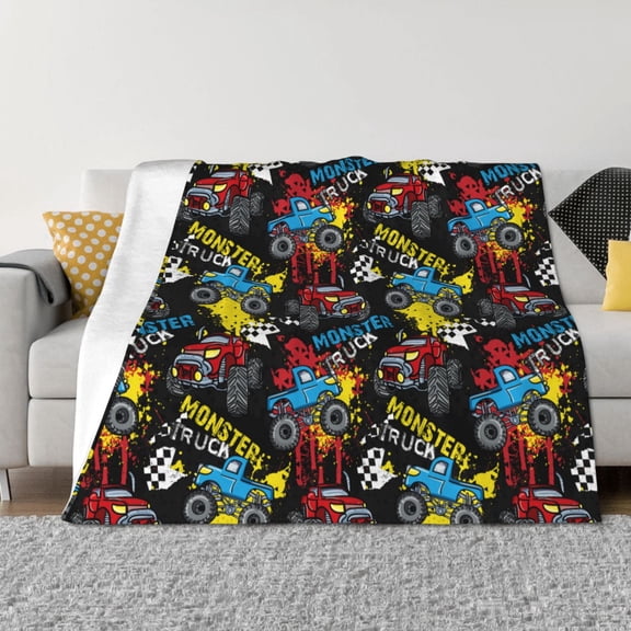 Vsdgher Monster Car Pattern Fleece Throw Blanket, Horizontal Fleece Bedding Home Decor for Couch & Bed All Season Use -80"x60"