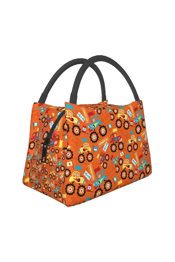 Monster Truck,Truck Cartoon Print Insulated Reusable Bags with Sturdy Zipper and Handles, Foldable Totes for Hot or Cold Food Bring or Delivery