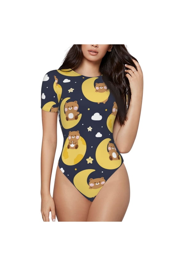 Moon Bear Prinr Short Sleeve Body suit for Womens, Sexy Onesie One Piece Round Neck Bodysuit Shapewear Tummy Control-Small