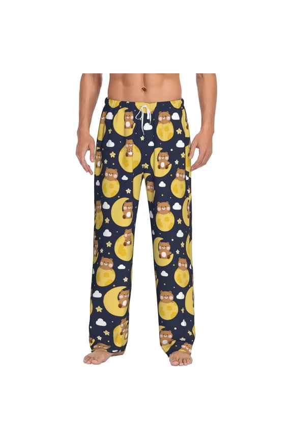 Moon Bear Print Mens Pajama Pants Sleep & Lounge Pants, PJ Bottoms With elastic waistb and Pockets