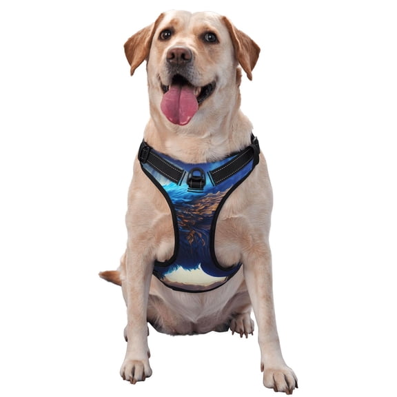 Vsdgher Moonlit Blue Wolf Pattern Dog Harness,No Pull Pet Harness with Soft Padded Handle,Adjustable Reflective Vest with 2 Buckles,4 Slide Buckles,S-XL X-Large