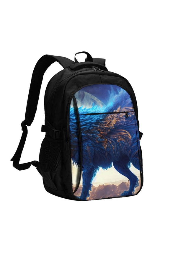 Moonlit Blue Wolf Print Travel Laptop Backpack, Laptops Backpack with USB Charging Port, Water Resistant Computer Bag Gift for Men & Women