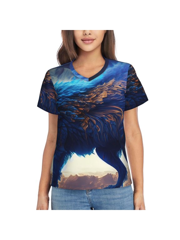 Moonlit Blue Wolf Women Shirts V Neck Short Sleeve Tops T-Shirt Basic Tees, S to 3XL3X-Large