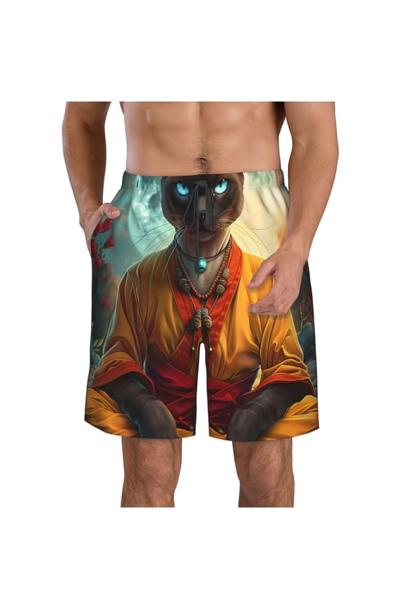 Moonlit Hairless Cat Monk Men's Beach Shorts, Surfing shorts, Swim trunks, Quick Dry Swim Trunks for Surfing Beach Fun -Medium