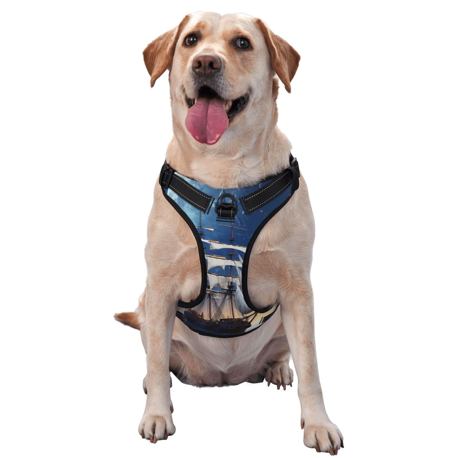 Vsdgher Moonlit Night Sea Sailboat Pattern Dog Harness,No Pull Pet Harness with Soft Padded Handle,Adjustable Reflective Vest with 2 Buckles,4 Slide Buckles,S-XL Medium