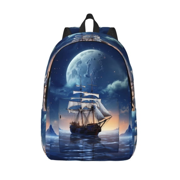 Vsdgher Moonlit Night Sea Sailboat Print Canvas Backpack Travel Rucksack Unisex Knapsack 15.7/17.7Inch Laptop Backpack for Work,College -Medium