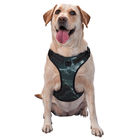 Vsdgher Moonlit Night Sky Shark Pattern Dog Harness,No Pull Pet Harness with Soft Padded Handle,Adjustable Reflective Vest with 2 Buckles,4 Slide Buckles,S-XL Large
