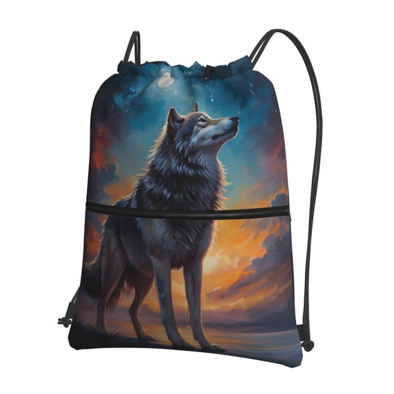 Vsdgher Moonlit Night Sky Wolf Drawstring Backpack Water Resistant String Bag Sports Sackpack Gym Sack for Men Women