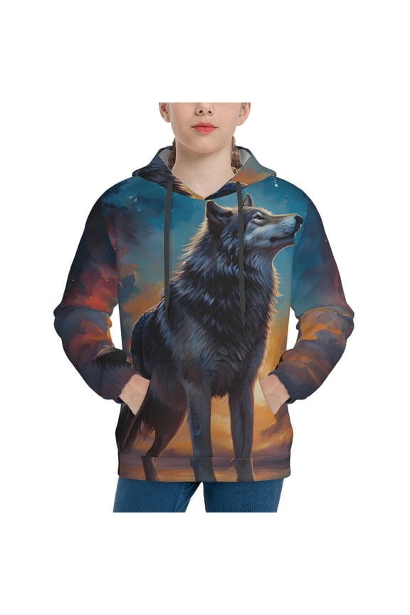 Moonlit Night Sky Wolf Hoodie Youth Classic Hooded Pullover Sweatshirts Essentials Hoodie for Children (s-xl)-Medium