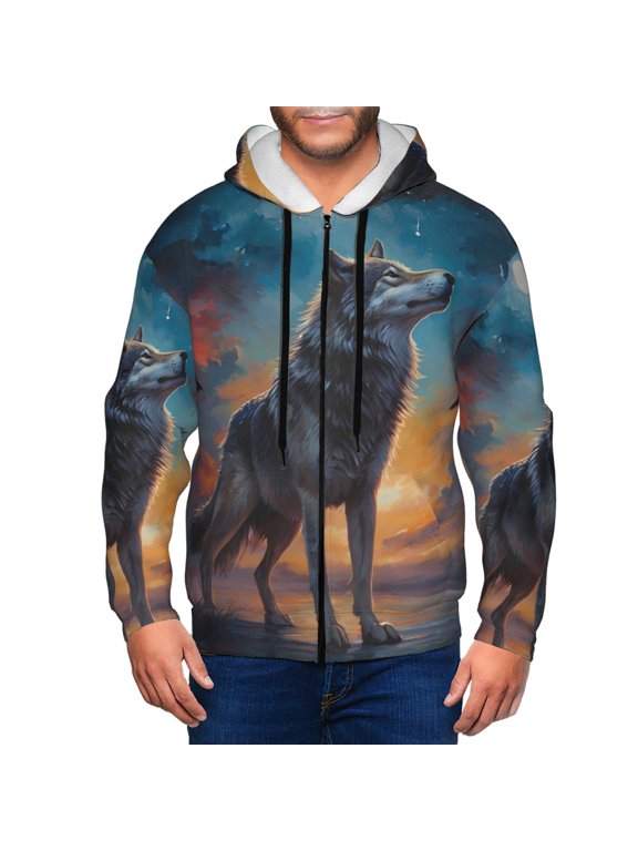 Moonlit Night Sky Wolf Mens Hoodies Zip Hoodie, Hoodies for Men, Zip-up Hooded Sweatshirt-Large