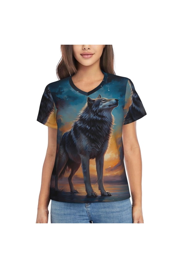 Moonlit Night Sky Wolf Women Shirts V Neck Short Sleeve Tops T-Shirt Basic Tees, S to 3XLSmall