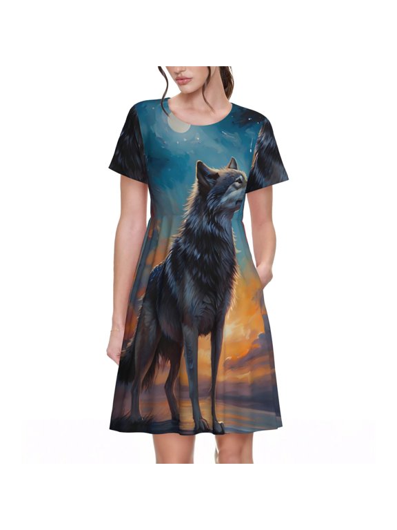 Moonlit Night Sky Wolf for Womens Summer 2025 Casual Midi Maxi Dresses Lightweight Short Sleeve Round Neck Beach Dress -Large