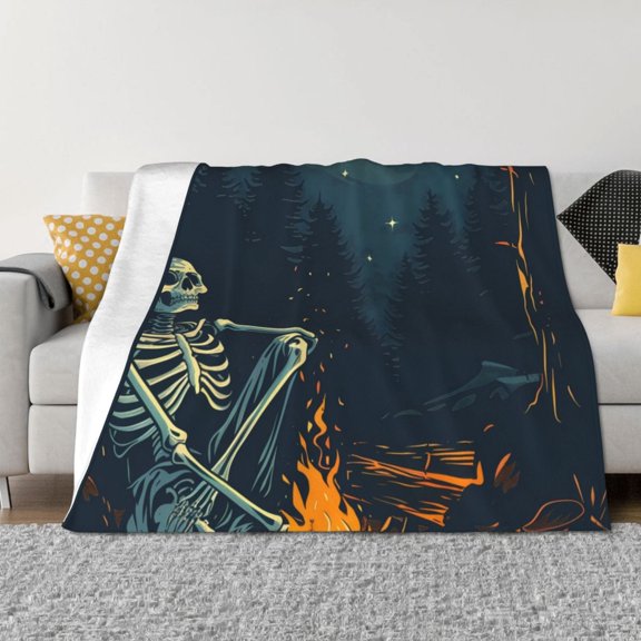Vsdgher Moonlit Skeleton Campfire Pattern Fleece Throw Blanket, Horizontal Fleece Bedding Home Decor for Couch & Bed All Season Use -80"x60"