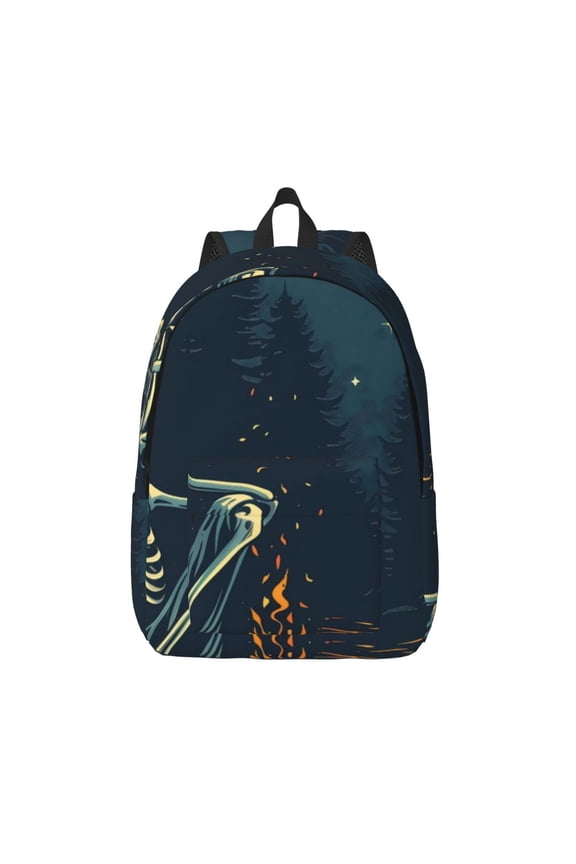Moonlit Skeleton Campfire Print Canvas Backpack Travel Rucksack Unisex Knapsack 15.7/17.7Inch Laptop Backpack for Work,College -Medium
