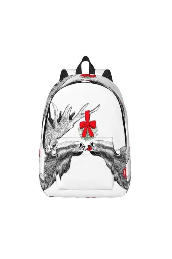 Moose Kissing Under Mistletoe Print Canvas Backpack Travel Rucksack Unisex Knapsack 15.7/17.7Inch Laptop Backpack for Work,College -Medium