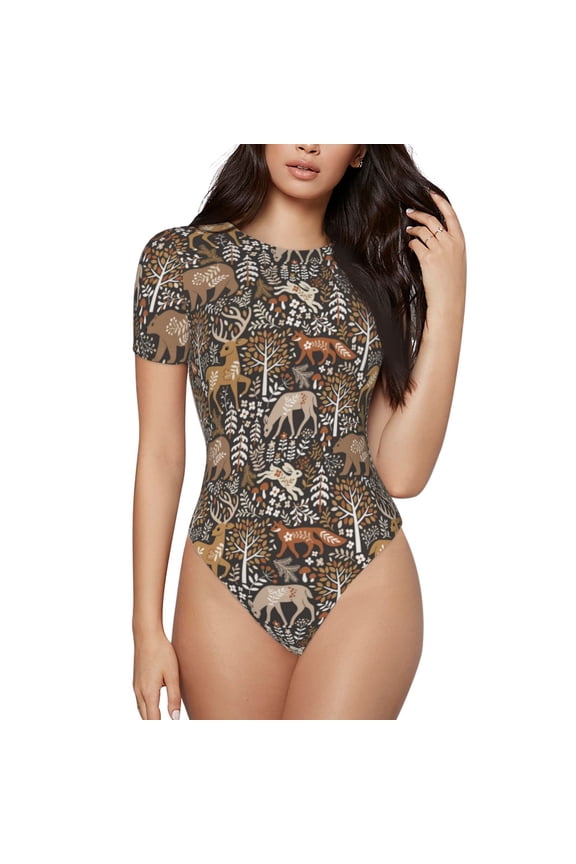 Moose fox bear leaf tree Prinr Short Sleeve Body suit for Womens, Sexy Onesie One Piece Round Neck Bodysuit Shapewear Tummy Control-