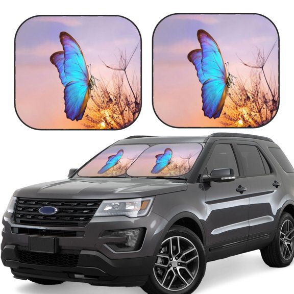 Vsdgher Morpho butterfly and dandelion Print Car Windshield Sun Shade, Reflective Sunshade Window Sunshade Sun Visor Protector Fit for Cars,Trucks,SUVs-Medium