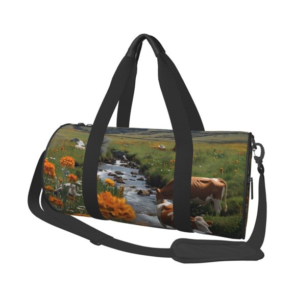 Vsdgher Mountain Cows Flower Stream 45L Foldable Duffel Bag, Sports Gym Bag,Overnight Bag, Portable Weekender Bag for Airplanes