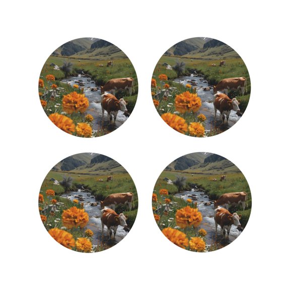 Vsdgher Mountain Cows Flower Stream Leather Coasters for Drinks, Durable Drink Coasters 4 Set for Tabletop Protection, Luxurious Home Décor and Housewarming Gift-Round Shape