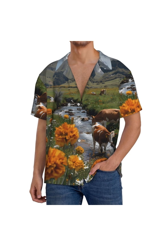 Mountain Cows Flower Stream Men's Cuban Shirt, Hawaiian Shirts, Business Casual Button Down Shirts, Short Sleeve Shirt-Large