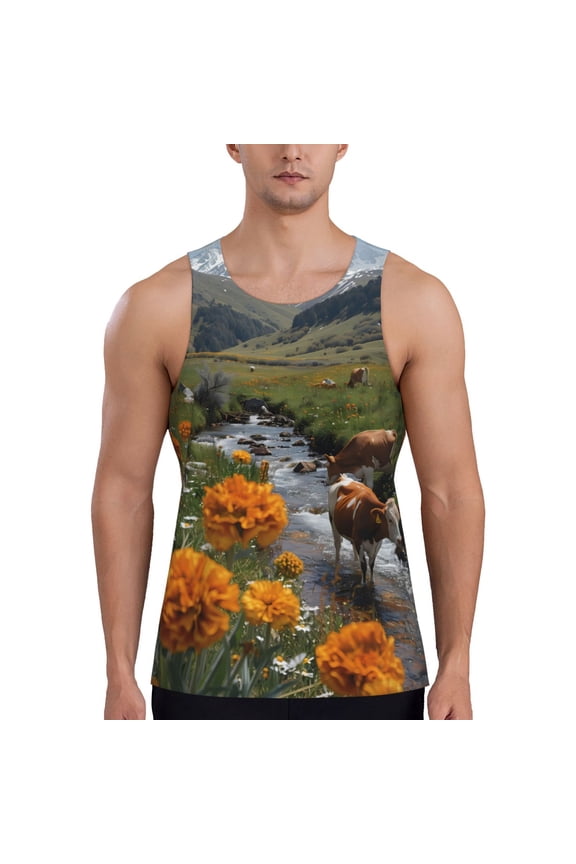 Mountain Cows Flower Stream Men's Workout Tank Tops Sleeveless Gym Shirt Quick Dry Fitness Bodybuilding Sleeveless T Shirt-3X-Large