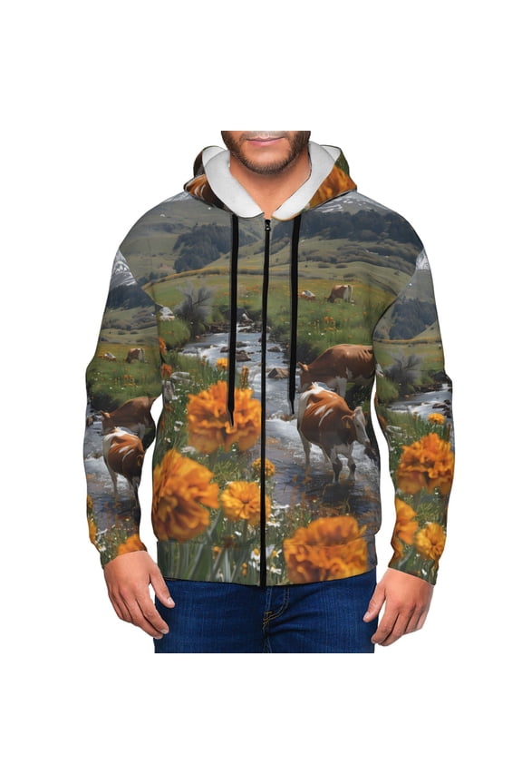 Mountain Cows Flower Stream Mens Hoodies Zip Hoodie, Hoodies for Men, Zip-up Hooded Sweatshirt-XX-Large