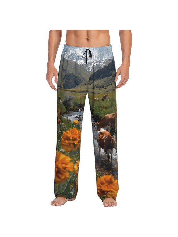 Mountain Cows Flower Stream Mens Pajama Pants Sleep & Lounge Pants, PJ Pants-Large